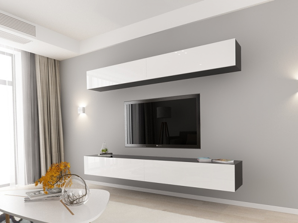 Living QUADRO 12 MDF Negru/Alb Lucios | Set Mobilier Modular Suspendat Premium Configurabil pentru un Living Modern Fără Mânere/Push to Open - Hulgo Mobili [7]