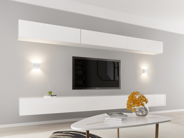 Living QUADRO 13 MDF Alb Lucios | Set Mobilier Modular Suspendat Premium Configurabil pentru un Living Modern Fără Mânere/Push to Open - Hulgo Mobili [2]