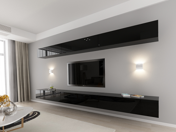 Living QUADRO 13 MDF Negru Lucios | Set Mobilier Modular Suspendat Premium Configurabil pentru un Living Modern Fără Mânere/Push to Open - Hulgo Mobili [3]
