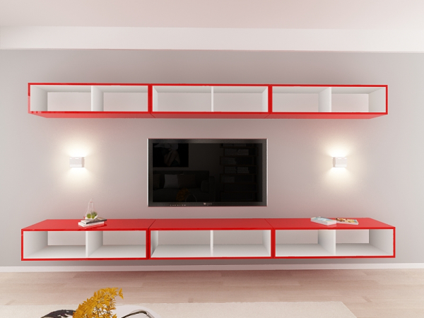 Living QUADRO 13 MDF Rosu Lucios | Set Mobilier Modular Suspendat Premium Configurabil pentru un Living Modern Fără Mânere/Push to Open - Hulgo Mobili [4]