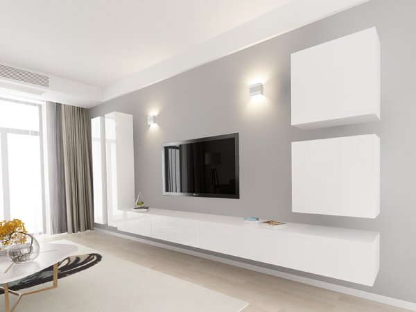 Living QUADRO 14 MDF Alb Lucios | Set Mobilier Modular Suspendat Premium Configurabil pentru un Living Modern Fără Mânere/Push to Open - Hulgo Mobili [10]