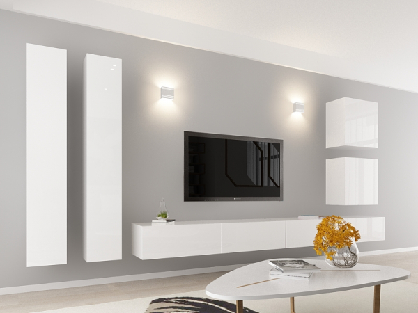 Living QUADRO 14 MDF Alb Lucios | Set Mobilier Modular Suspendat Premium Configurabil pentru un Living Modern Fără Mânere/Push to Open - Hulgo Mobili [2]