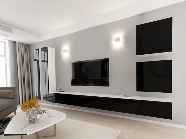 Living QUADRO 14 MDF Alb/Negru Lucios | Set Mobilier Modular Suspendat Premium Configurabil pentru un Living Modern Fără Mânere/Push to Open - Hulgo Mobili [2]