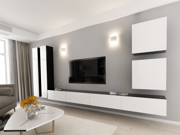 Living QUADRO 14 MDF Negru/Alb Lucios | Set Mobilier Modular Suspendat Premium Configurabil pentru un Living Modern Fără Mânere/Push to Open - Hulgo Mobili [2]