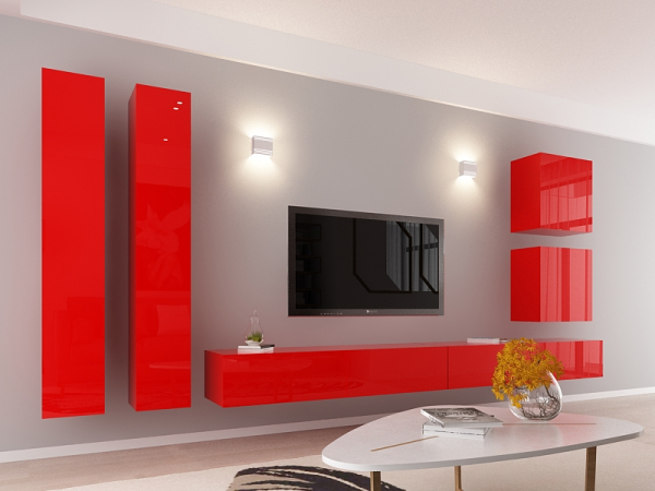 Living QUADRO 14 MDF Rosu Lucios | Set Mobilier Modular Suspendat Premium Configurabil pentru un Living Modern Fără Mânere/Push to Open - Hulgo Mobili [2]