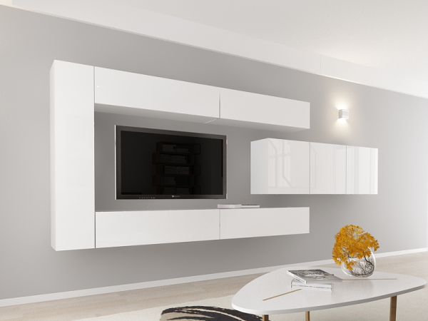 Living QUADRO 15 MDF Alb Lucios | Set Mobilier Modular Suspendat Premium Configurabil pentru un Living Modern Fără Mânere/Push to Open - Hulgo Mobili [2]