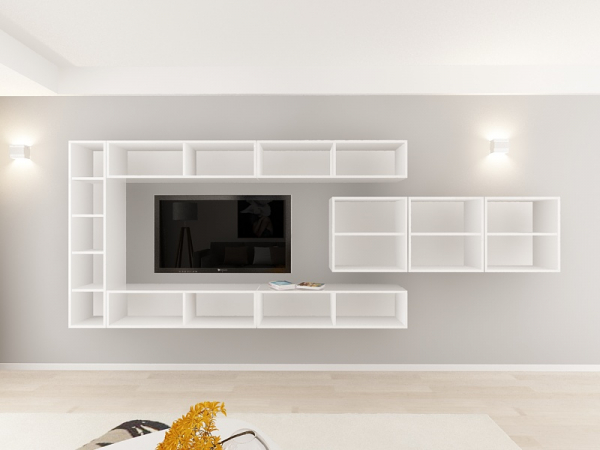 Living QUADRO 15 MDF Alb/Negru Lucios | Set Mobilier Modular Suspendat Premium Configurabil pentru un Living Modern Fără Mânere/Push to Open - Hulgo Mobili [4]