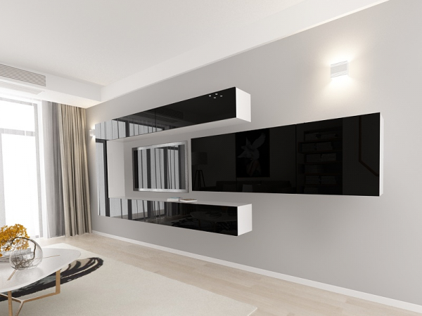 Living QUADRO 15 MDF Alb/Negru Lucios | Set Mobilier Modular Suspendat Premium Configurabil pentru un Living Modern Fără Mânere/Push to Open - Hulgo Mobili [3]