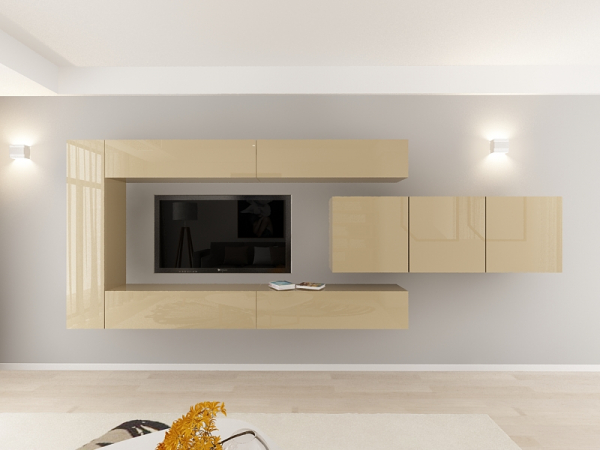 Living QUADRO 15 MDF Cappuccino Lucios | Set Mobilier Modular Suspendat Premium Configurabil pentru un Living Modern Fără Mânere/Push to Open - Hulgo Mobili [8]