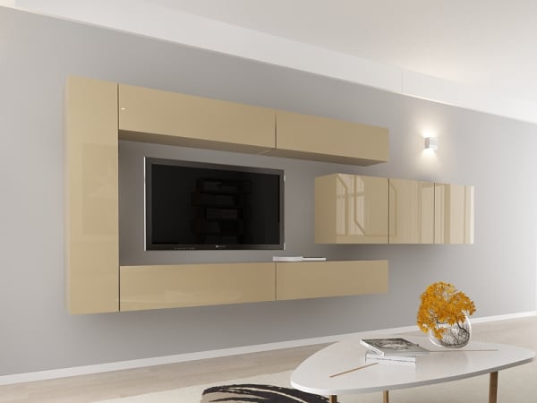 Living QUADRO 15 MDF Cappuccino Lucios | Set Mobilier Modular Suspendat Premium Configurabil pentru un Living Modern Fără Mânere/Push to Open - Hulgo Mobili [2]