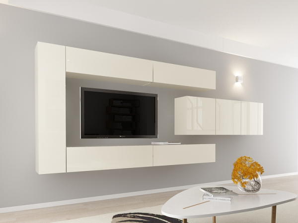 Living QUADRO 15 MDF Crem Lucios | Set Mobilier Modular Suspendat Premium Configurabil pentru un Living Modern Fără Mânere/Push to Open - Hulgo Mobili [2]