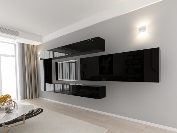 Living QUADRO 15 MDF Negru Lucios | Set Mobilier Modular Suspendat Premium Configurabil pentru un Living Modern Fără Mânere/Push to Open - Hulgo Mobili [7]