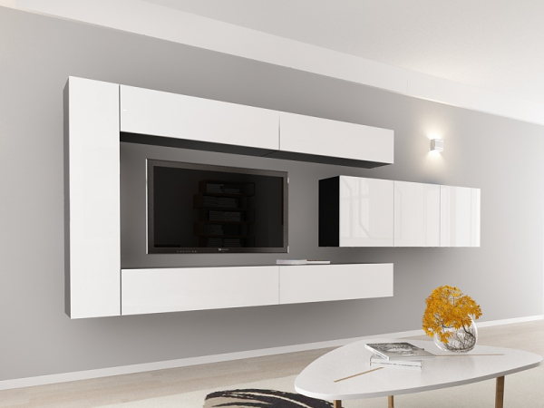 Living QUADRO 15 MDF Negru/Alb Lucios | Set Mobilier Modular Suspendat Premium Configurabil pentru un Living Modern Fără Mânere/Push to Open - Hulgo Mobili [2]