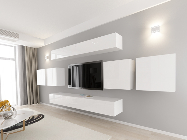 Living QUADRO 16 MDF Alb Lucios | Set Mobilier Modular Suspendat Premium Configurabil pentru un Living Modern Fără Mânere/Push to Open - Hulgo Mobili [3]