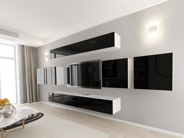 Living QUADRO 16 MDF Alb/Negru Lucios | Set Mobilier Modular Suspendat Premium Configurabil pentru un Living Modern Fără Mânere/Push to Open - Hulgo Mobili [3]