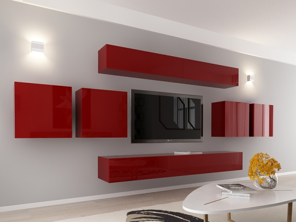 Living QUADRO 16 MDF Bordo Lucios | Set Mobilier Modular Suspendat Premium Configurabil pentru un Living Modern Fără Mânere/Push to Open - Hulgo Mobili [2]