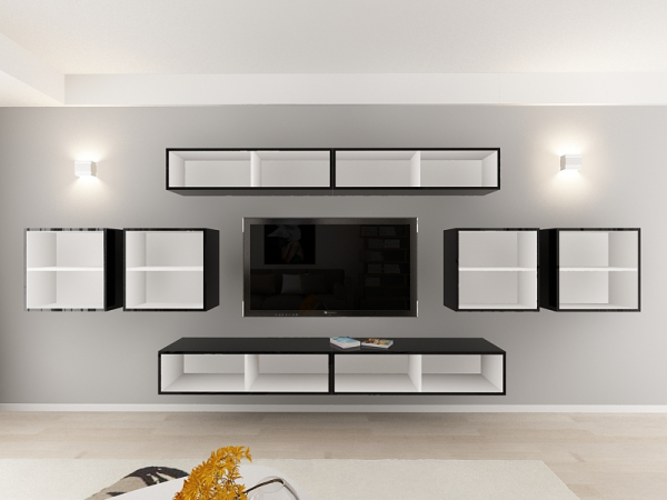 Living QUADRO 16 MDF Negru Lucios | Set Mobilier Modular Suspendat Premium Configurabil pentru un Living Modern Fără Mânere/Push to Open - Hulgo Mobili [4]
