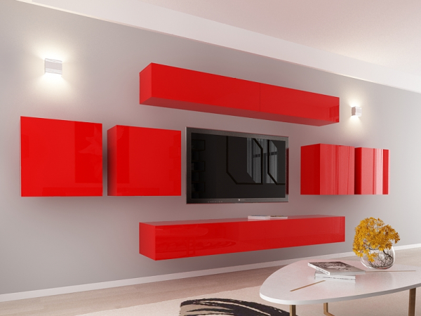 Living QUADRO 16 MDF Rosu Lucios | Set Mobilier Modular Suspendat Premium Configurabil pentru un Living Modern Fără Mânere/Push to Open - Hulgo Mobili [9]