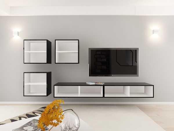 Living QUADRO 17 MDF Alb/Negru Lucios | Set Mobilier Modular Suspendat Premium Configurabil pentru un Living Modern Fără Mânere/Push to Open - Hulgo Mobili [4]