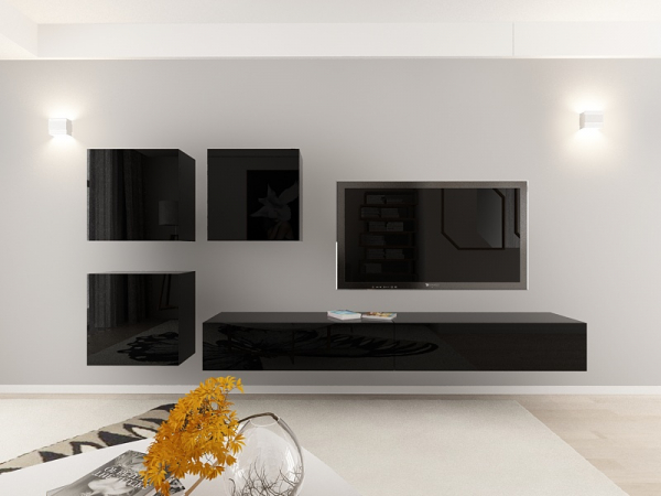 Living QUADRO 17 MDF Negru Lucios | Set Mobilier Modular Suspendat Premium Configurabil pentru un Living Modern Fără Mânere/Push to Open - Hulgo Mobili [8]
