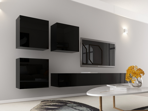Living QUADRO 17 MDF Negru Lucios | Set Mobilier Modular Suspendat Premium Configurabil pentru un Living Modern Fără Mânere/Push to Open - Hulgo Mobili [2]
