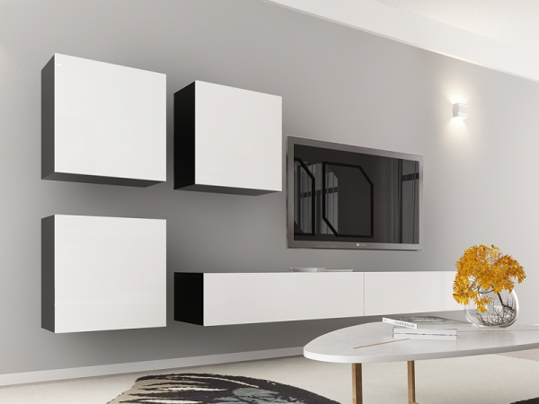 Living QUADRO 17 MDF Negru/Alb Lucios | Set Mobilier Modular Suspendat Premium Configurabil pentru un Living Modern Fără Mânere/Push to Open - Hulgo Mobili [2]