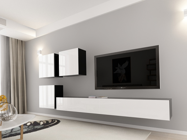 Living QUADRO 17 MDF Negru/Alb Lucios | Set Mobilier Modular Suspendat Premium Configurabil pentru un Living Modern Fără Mânere/Push to Open - Hulgo Mobili [10]