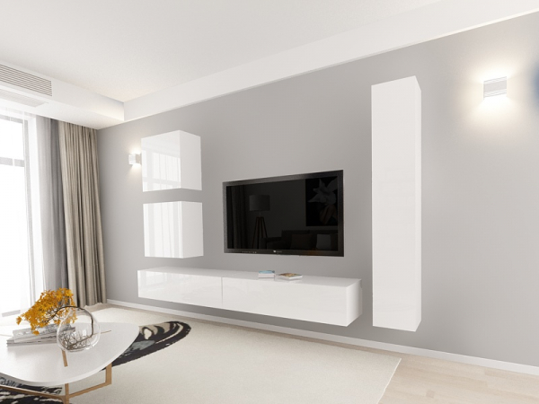 Living QUADRO 18 MDF Alb Lucios | Set Mobilier Modular Suspendat Premium Configurabil pentru un Living Modern Fără Mânere/Push to Open - Hulgo Mobili [9]