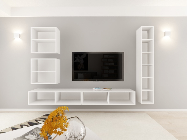 Living QUADRO 18 MDF Alb Lucios | Set Mobilier Modular Suspendat Premium Configurabil pentru un Living Modern Fără Mânere/Push to Open - Hulgo Mobili [7]