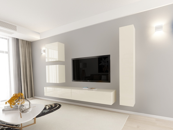 Living QUADRO 18 MDF Crem Lucios | Set Mobilier Modular Suspendat Premium Configurabil pentru un Living Modern Fără Mânere/Push to Open [2]
