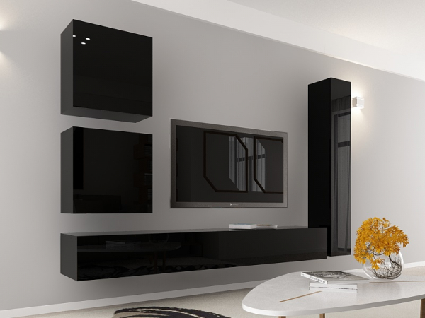 Living QUADRO 18 MDF Negru Lucios | Set Mobilier Modular Suspendat Premium Configurabil pentru un Living Modern Fără Mânere/Push to Open - Hulgo Mobili [3]