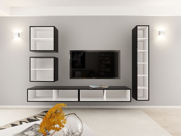 Living QUADRO 18 MDF Negru/Alb Lucios | Set Mobilier Modular Suspendat Premium Configurabil pentru un Living Modern Fără Mânere/Push to Open - Hulgo Mobili [4]