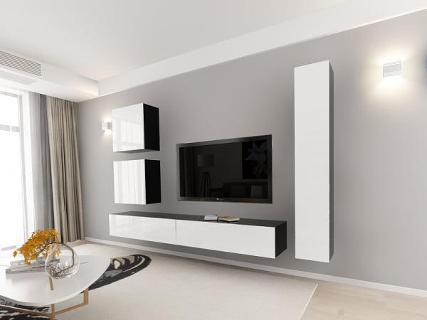 Living QUADRO 18 MDF Negru/Alb Lucios | Set Mobilier Modular Suspendat Premium Configurabil pentru un Living Modern Fără Mânere/Push to Open - Hulgo Mobili [2]