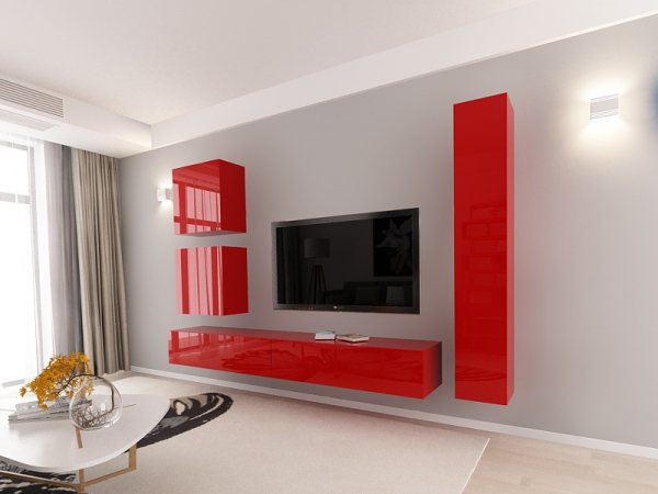 Living QUADRO 18 MDF Rosu Lucios | Set Mobilier Modular Suspendat Premium Configurabil pentru un Living Modern Fără Mânere/Push to Open - Hulgo Mobili [2]