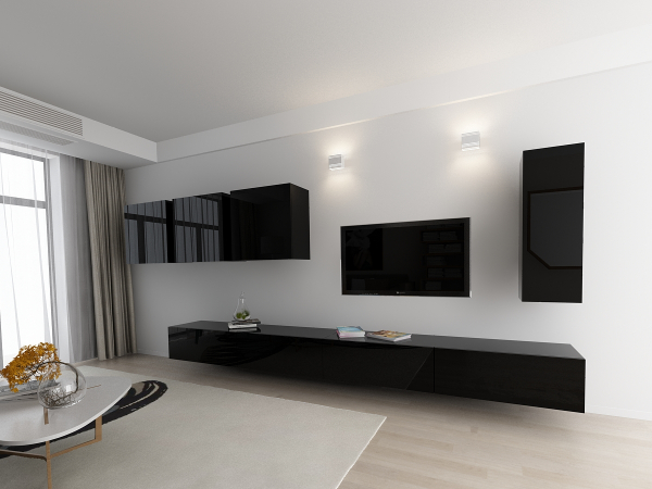 Living QUADRO 2 MDF Negru Lucios | Set Mobilier Modular Suspendat Premium Configurabil pentru un Living Modern Fără Mânere/Push to Open - Hulgo Mobili [2]