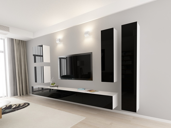 Living QUADRO 3 MDF Alb/Negru Lucios | Set Mobilier Modular Suspendat Premium Configurabil pentru un Living Modern Fără Mânere/Push to Open - Hulgo Mobili [2]
