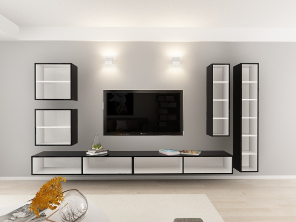 Living QUADRO 3 MDF Negru/Alb Lucios | Set Mobilier Modular Suspendat Premium Configurabil pentru un Living Modern Fără Mânere/Push to Open - Hulgo Mobili [6]