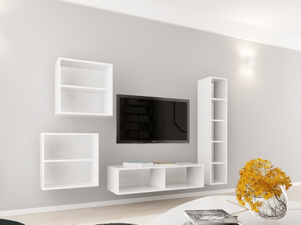 Living QUADRO 4 MDF Alb/Negru Lucios | Set Mobilier Modular Suspendat Premium Configurabil pentru un Living Modern Fără Mânere/Push to Open - Hulgo Mobili [4]