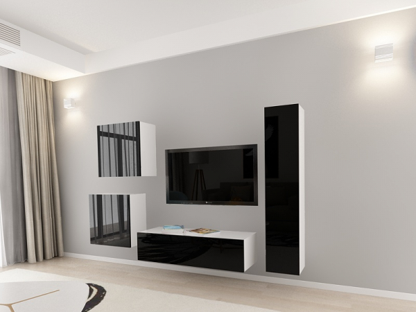Living QUADRO 4 MDF Alb/Negru Lucios | Set Mobilier Modular Suspendat Premium Configurabil pentru un Living Modern Fără Mânere/Push to Open - Hulgo Mobili [2]
