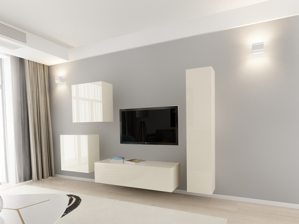 Living QUADRO 4 MDF Crem Lucios | Set Mobilier Modular Suspendat Premium Configurabil pentru un Living Modern Fără Mânere/Push to Open - Hulgo Mobili [2]