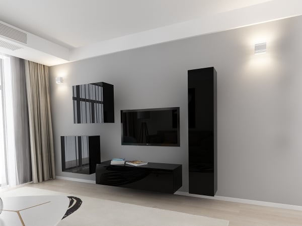 Living QUADRO 4 MDF Negru | Set Mobilier Modular Suspendat Premium Configurabil pentru un Living Modern Fără Mânere/Push to Open - Hulgo Mobili [2]