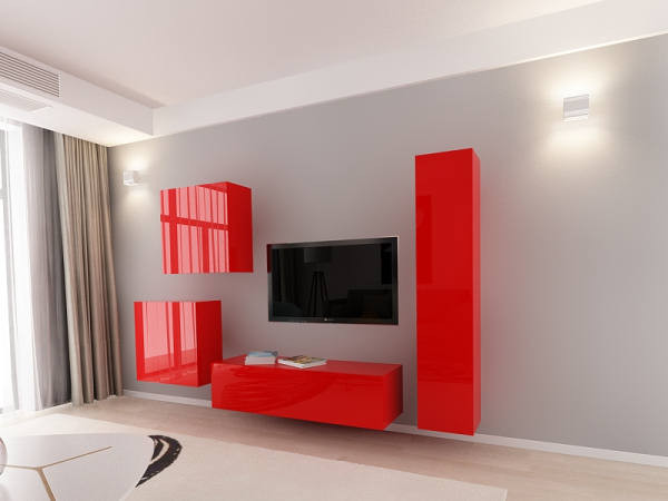 Living QUADRO 4 MDF Rosu Lucios | Set Mobilier Modular Suspendat Premium Configurabil pentru un Living Modern Fără Mânere/Push to Open - Hulgo Mobili [2]