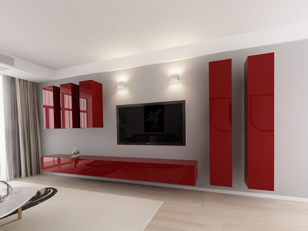 Living QUADRO 5 MDF Bordo Lucios | Set Mobilier Modular Suspendat Premium Configurabil pentru un Living Modern Fără Mânere/Push to Open - Hulgo Mobili [2]