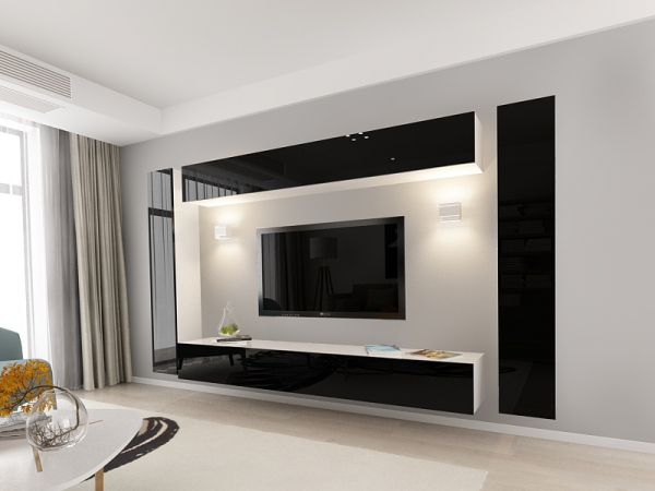 Living QUADRO 6 MDF Alb/Negru Lucios | Set Mobilier Modular Suspendat Premium Configurabil pentru un Living Modern Fără Mânere/Push to Open - Hulgo Mobili [2]