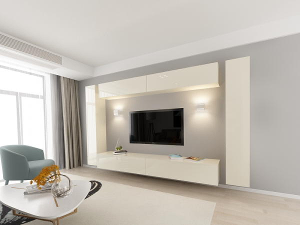 Living QUADRO 6 MDF Crem Lucios | Set Mobilier Modular Suspendat Premium Configurabil pentru un Living Modern Fără Mânere/Push to Open - Hulgo Mobili [2]