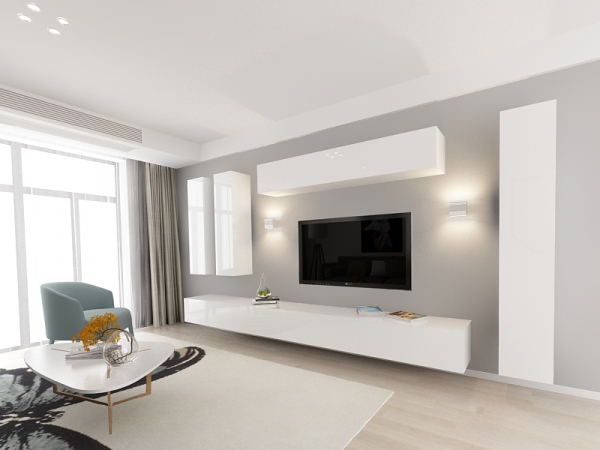 Living QUADRO 7 MDF Alb Lucios | Set Mobilier Modular Suspendat Premium Configurabil pentru un Living Modern Fără Mânere/Push to Open - Hulgo Mobili [2]