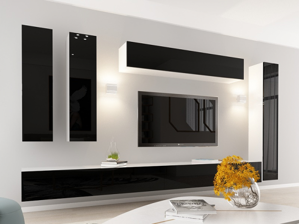 Living QUADRO 7 MDF Alb/Negru Lucios | Set Mobilier Modular Suspendat Premium Configurabil pentru un Living Modern Fără Mânere/Push to Open - Hulgo Mobili [2]