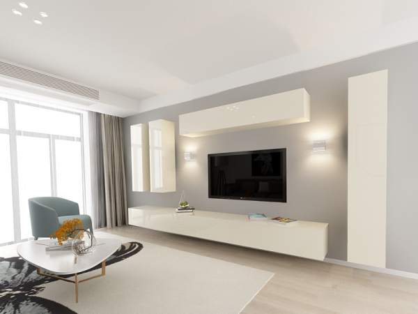 Living QUADRO 7 MDF Crem Lucios | Set Mobilier Modular Suspendat Premium Configurabil pentru un Living Modern Fără Mânere/Push to Open - Hulgo Mobili [2]