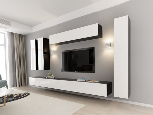 Living QUADRO 7 MDF Negru/Alb Lucios | Set Mobilier Modular Suspendat Premium Configurabil pentru un Living Modern Fără Mânere/Push to Open - Hulgo Mobili [4]