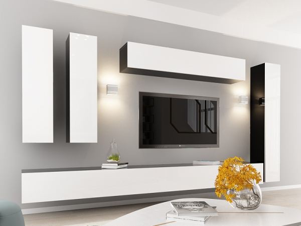 Living QUADRO 7 MDF Negru/Alb Lucios | Set Mobilier Modular Suspendat Premium Configurabil pentru un Living Modern Fără Mânere/Push to Open - Hulgo Mobili [2]